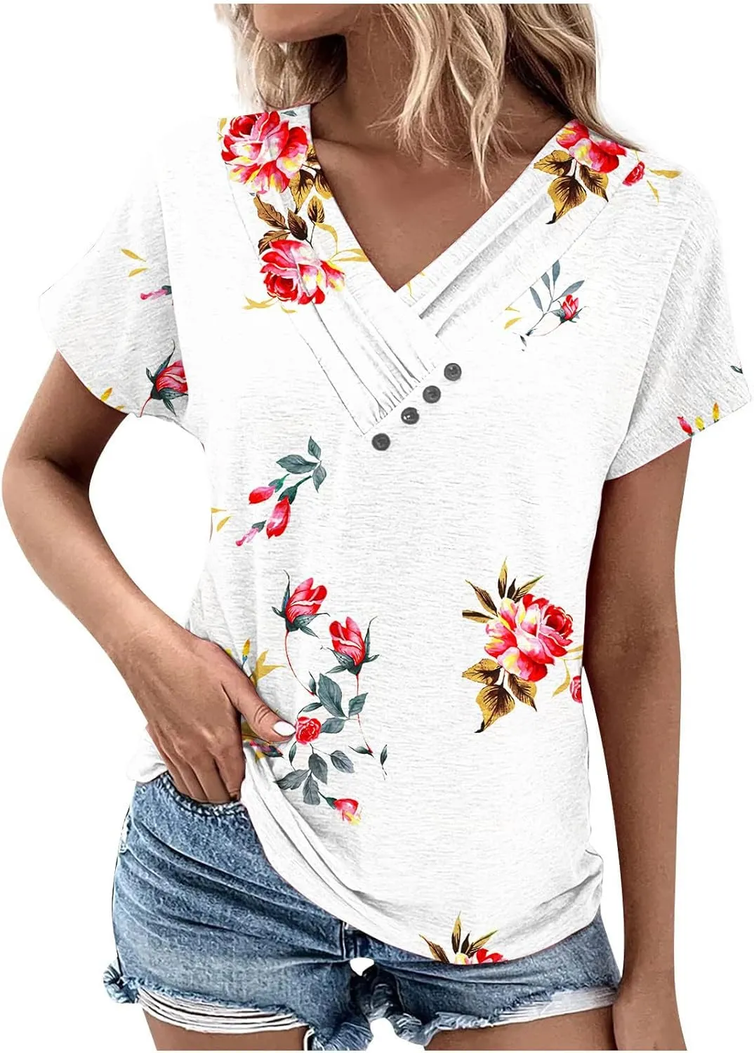 2024 Summer Tops for Women Sexy Buttons V Neck Plus Size Blouses Workout Short Sleeve T Shirts Floral Print Shirt