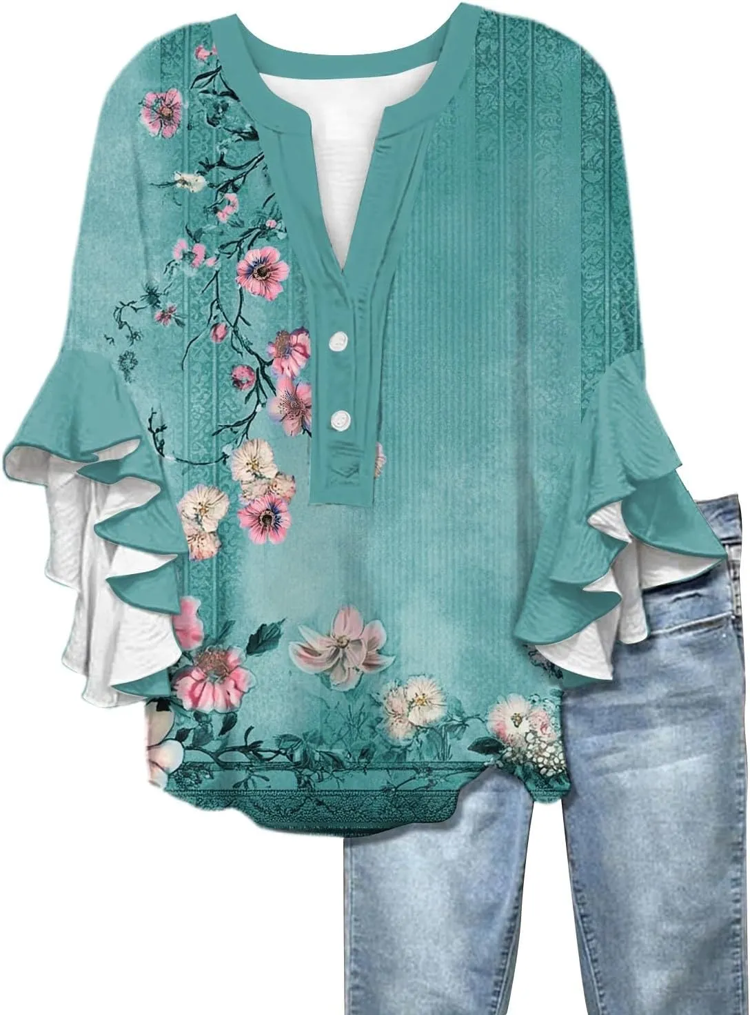 3/4 Length Sleeve Womens Tops Summer 2025 Floral Shirts 3/4 Ruffle Sleeve V Neck Half Button Down Flowy Blouse