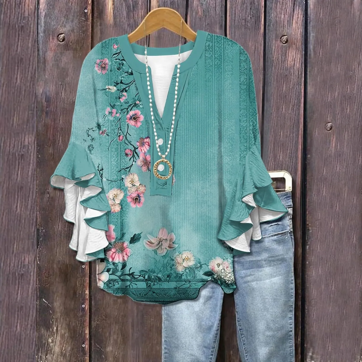 3/4 Length Sleeve Womens Tops Summer 2025 Floral Shirts 3/4 Ruffle Sleeve V Neck Half Button Down Flowy Blouse