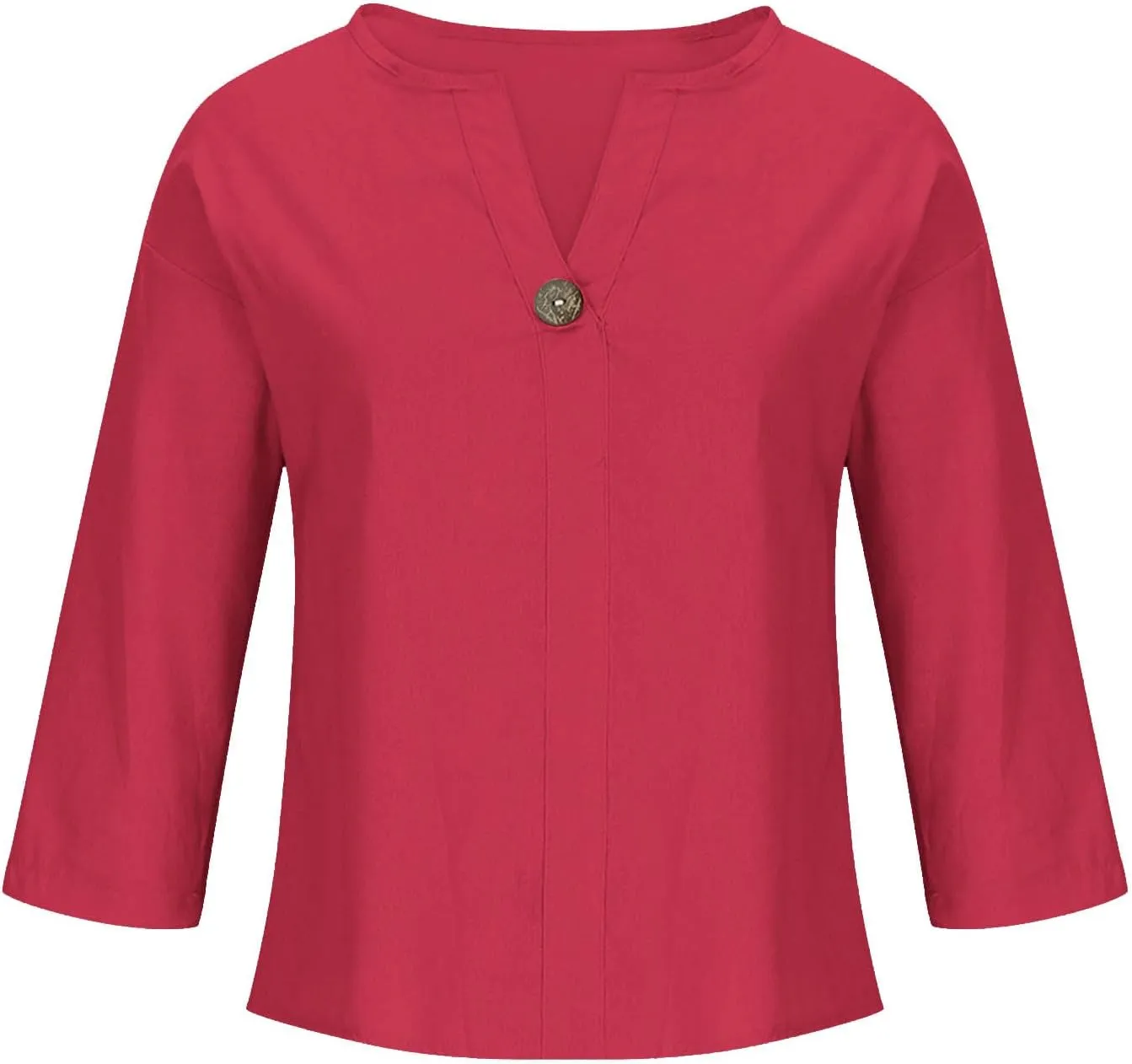 3/4 Sleeve Shirts for Women Solid Color Basic Summer Tops Casual Button V-Neck Pullover Blouse Ladies Tunic Tshirt