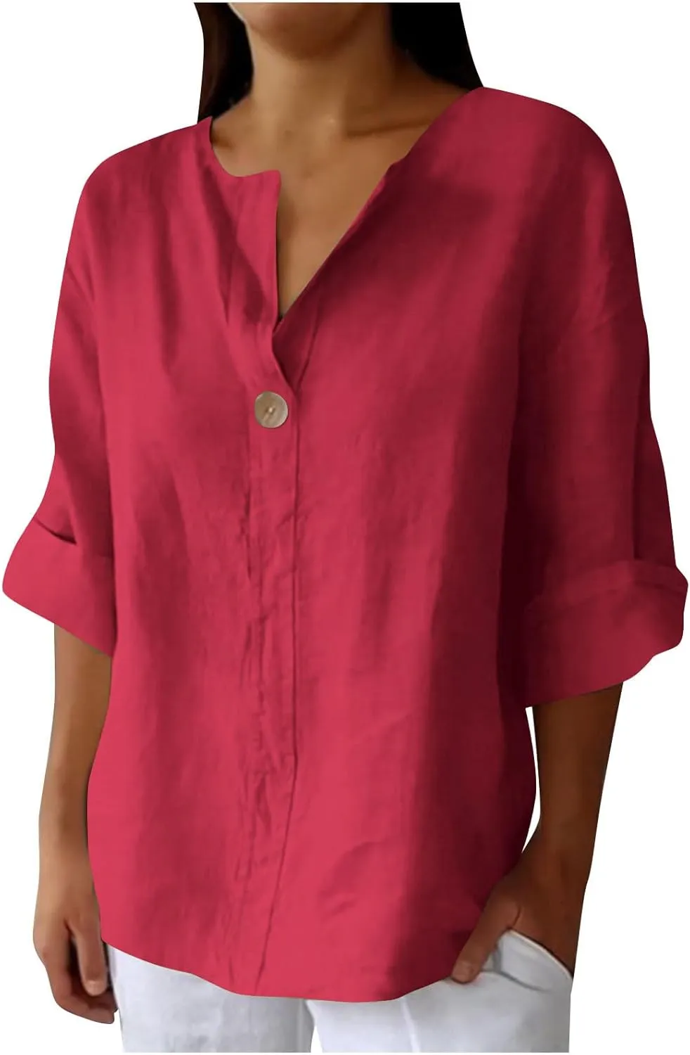 3/4 Sleeve Shirts for Women Solid Color Basic Summer Tops Casual Button V-Neck Pullover Blouse Ladies Tunic Tshirt