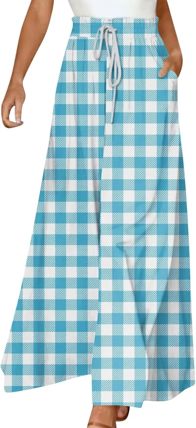 ADHOWBEW Pleated Skirts for Women Summer Flowy Smocked Elastic Waist Floral Print High Waist Bohemian Skirts