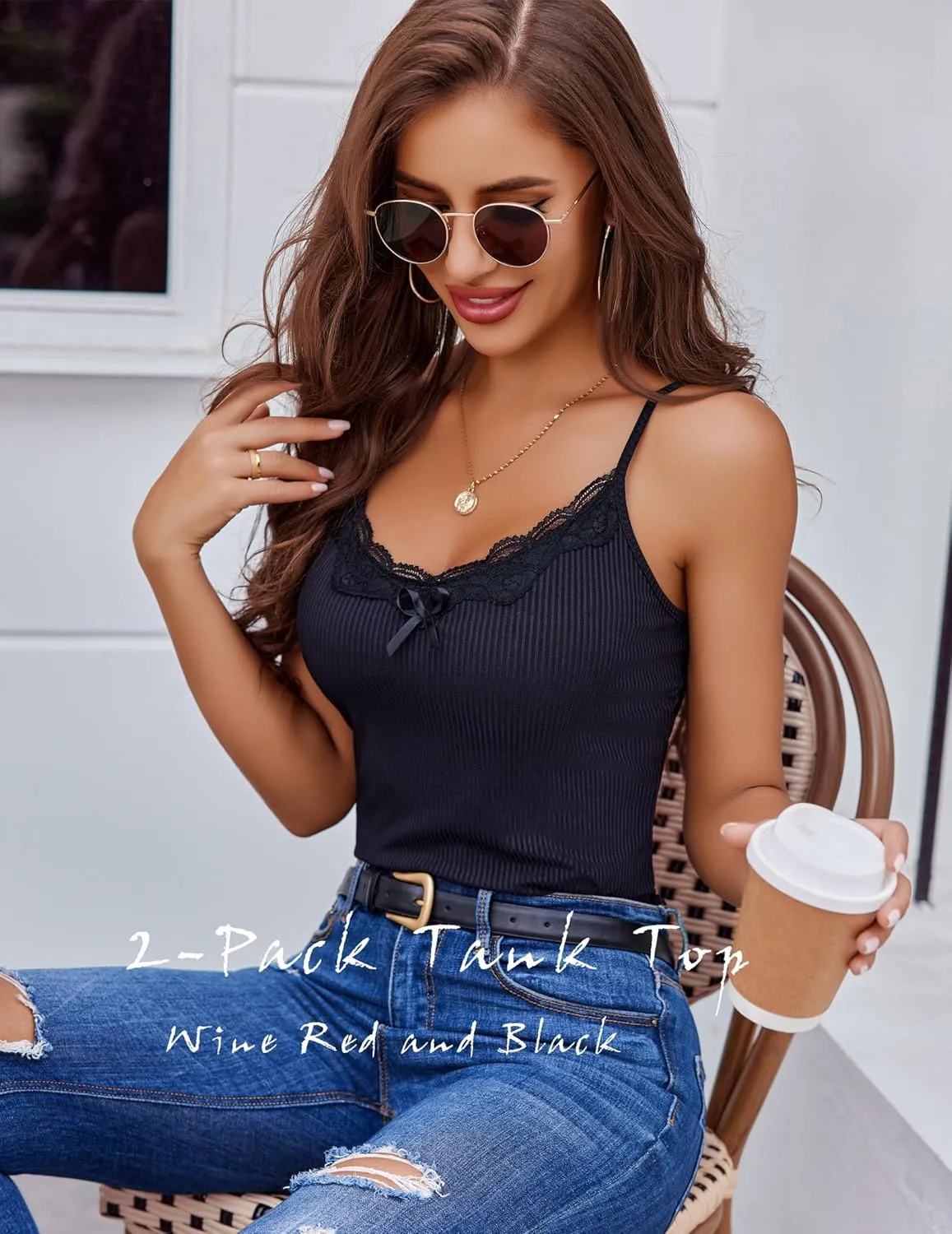 Avidlove Womens Camisoles 2-Pack Tank Top V Neck Undershirts Adjustable Spaghetti Strap Cami Tops