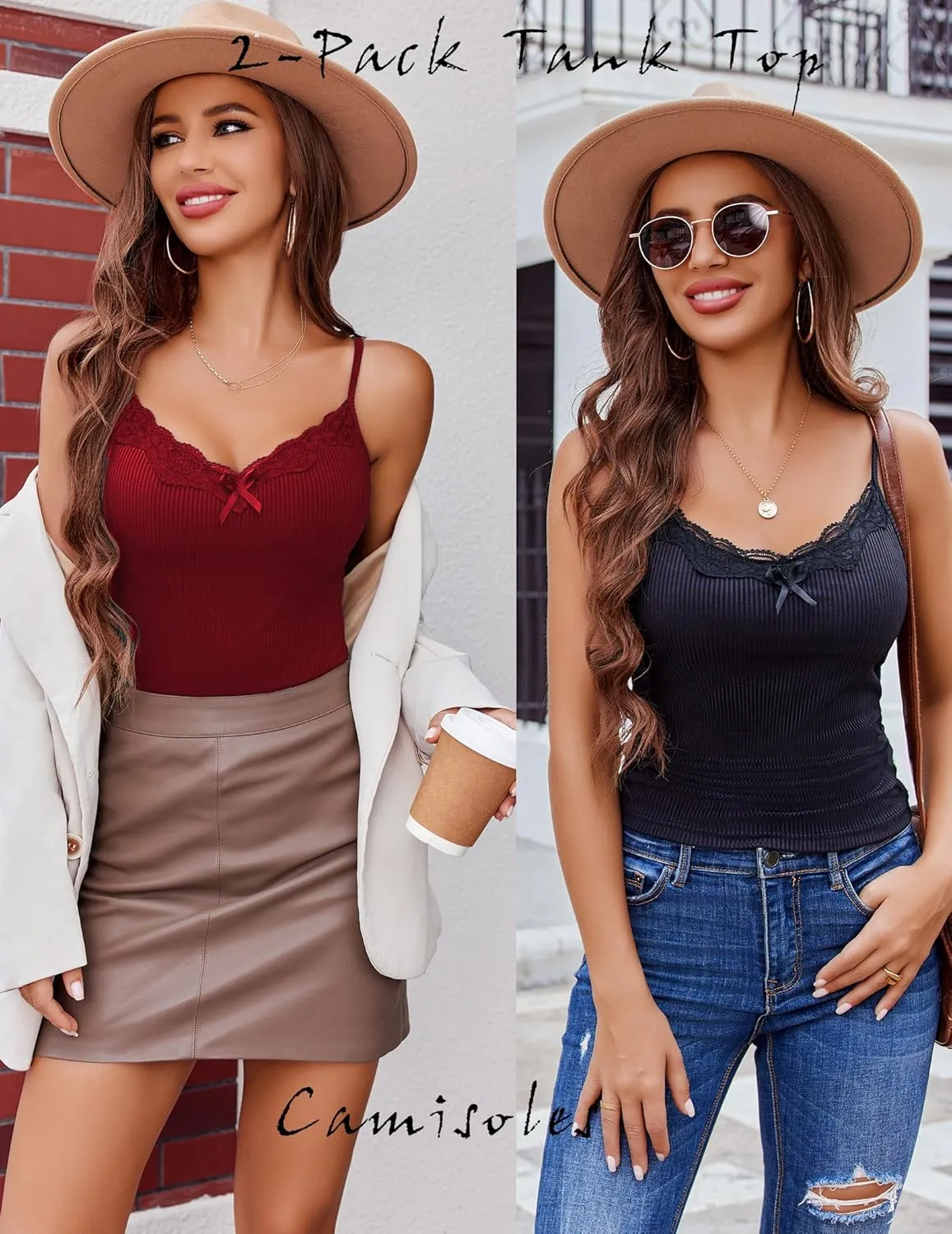 Avidlove Womens Camisoles 2-Pack Tank Top V Neck Undershirts Adjustable Spaghetti Strap Cami Tops