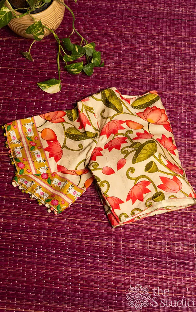 Beige pichwai printed semi silk readymade blouse