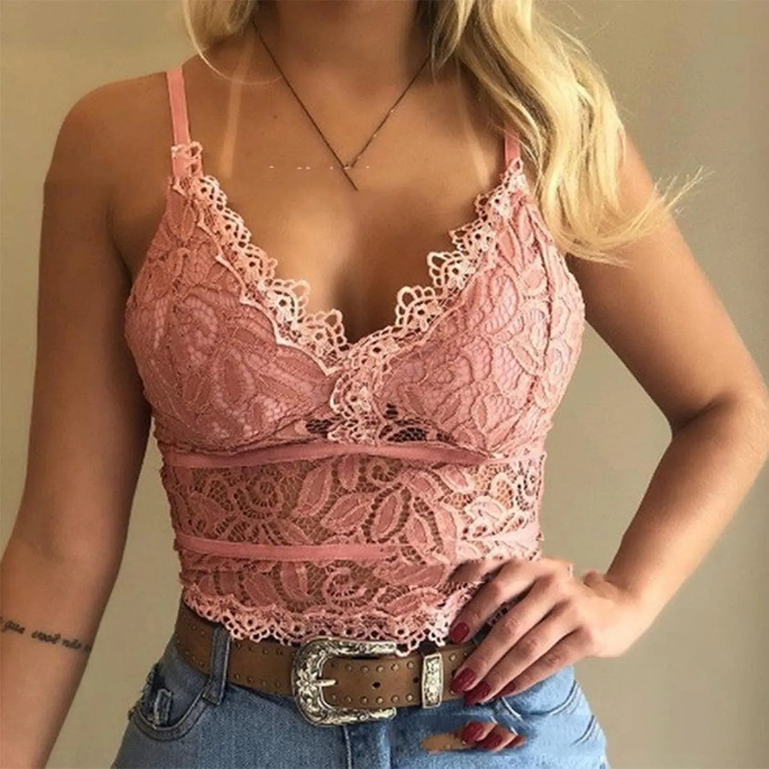 Binmer Lace Bralettes for Women Spaghetti Strap Tank Top Wireless V Neck Crop Top Adjustable Lingerie Slim Basic Camisole