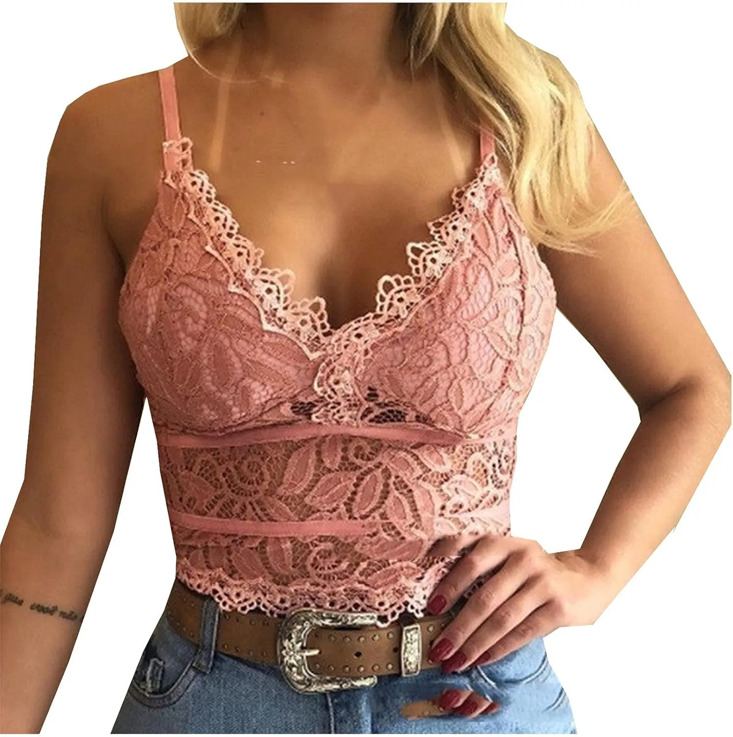 Binmer Lace Bralettes for Women Spaghetti Strap Tank Top Wireless V Neck Crop Top Adjustable Lingerie Slim Basic Camisole