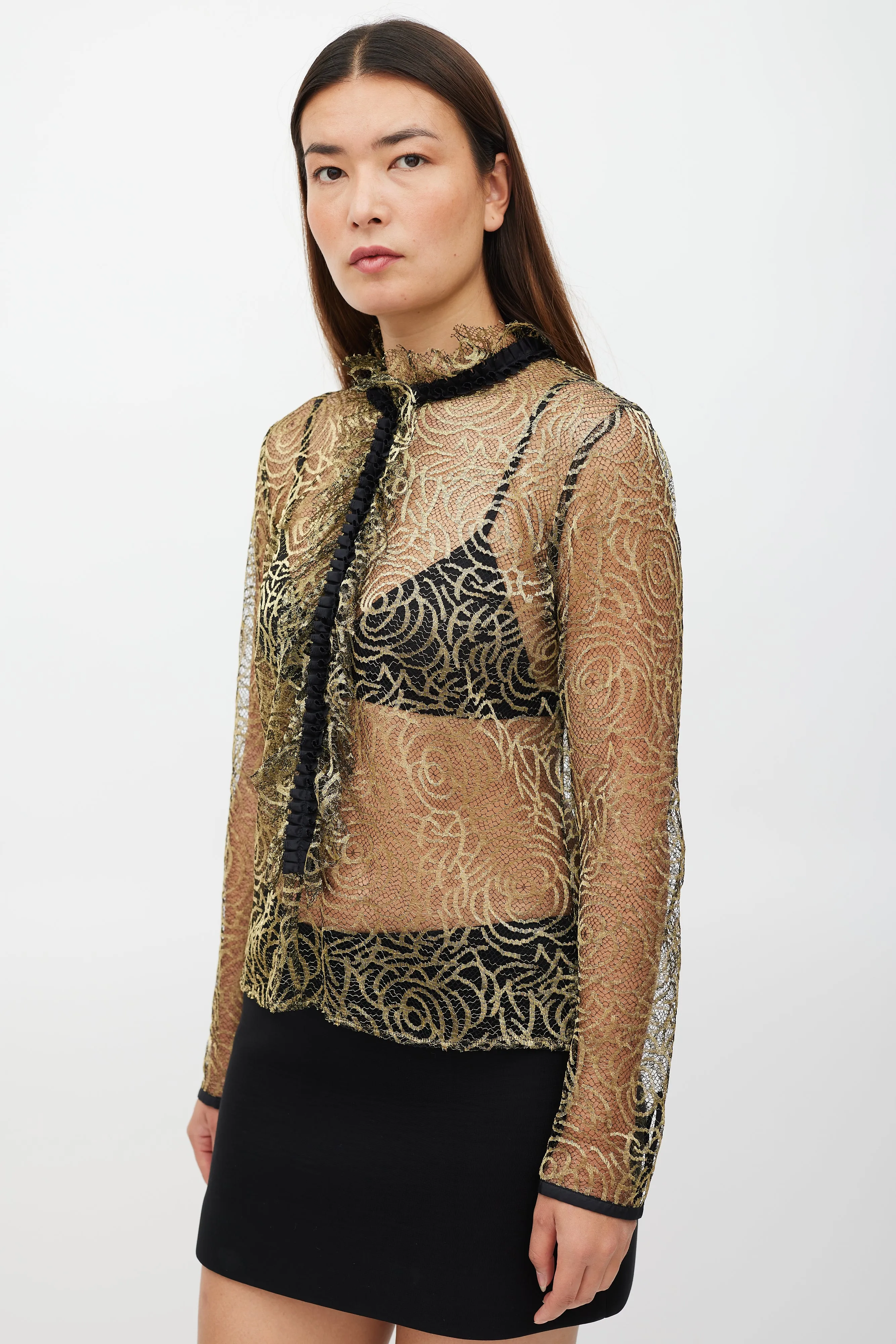 Black & Gold Ruffled Mesh Top