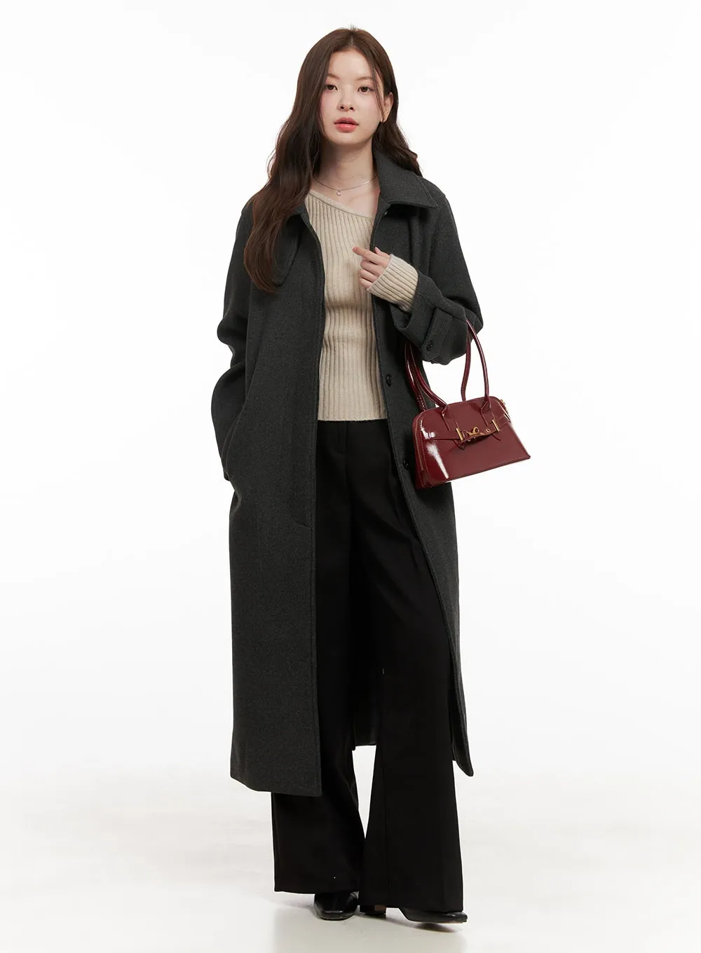 Collared Long Wool Blend Trench OD403