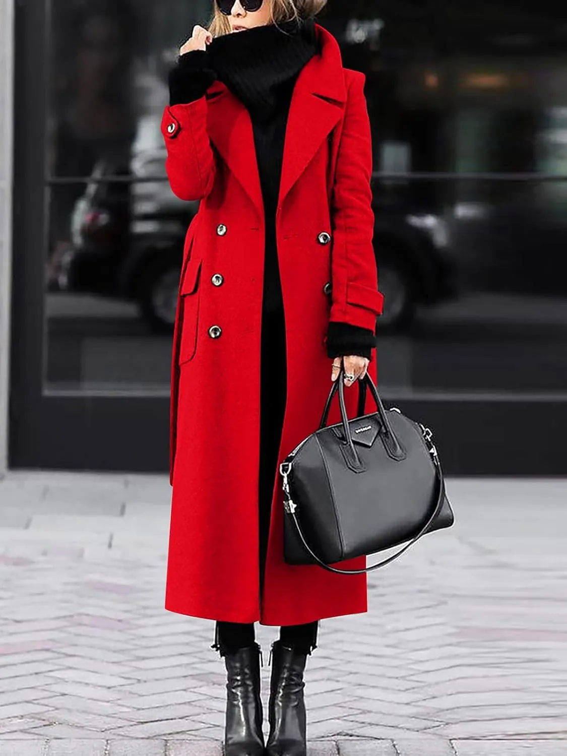 ebossy Women‘s Winter Double Breasted Wool Coat Elegant Notched Lapel Belted Maxi Long Pea Trench Coat
