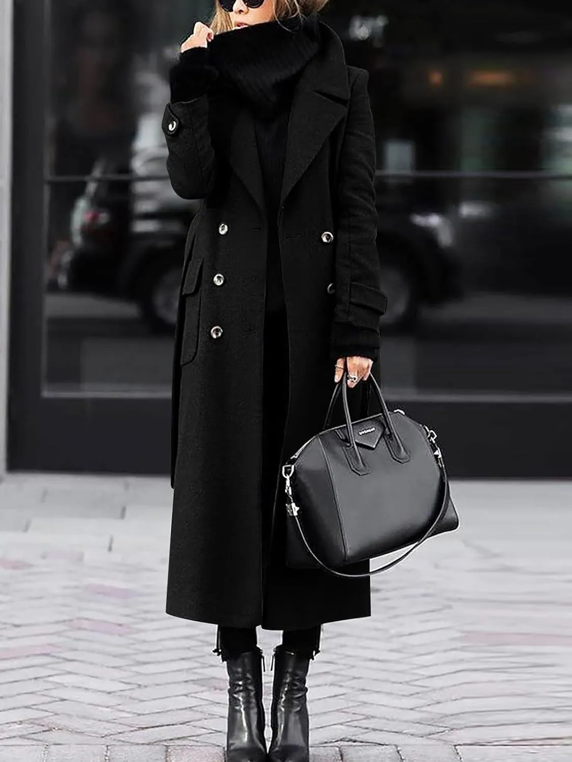 ebossy Women‘s Winter Double Breasted Wool Coat Elegant Notched Lapel Belted Maxi Long Pea Trench Coat