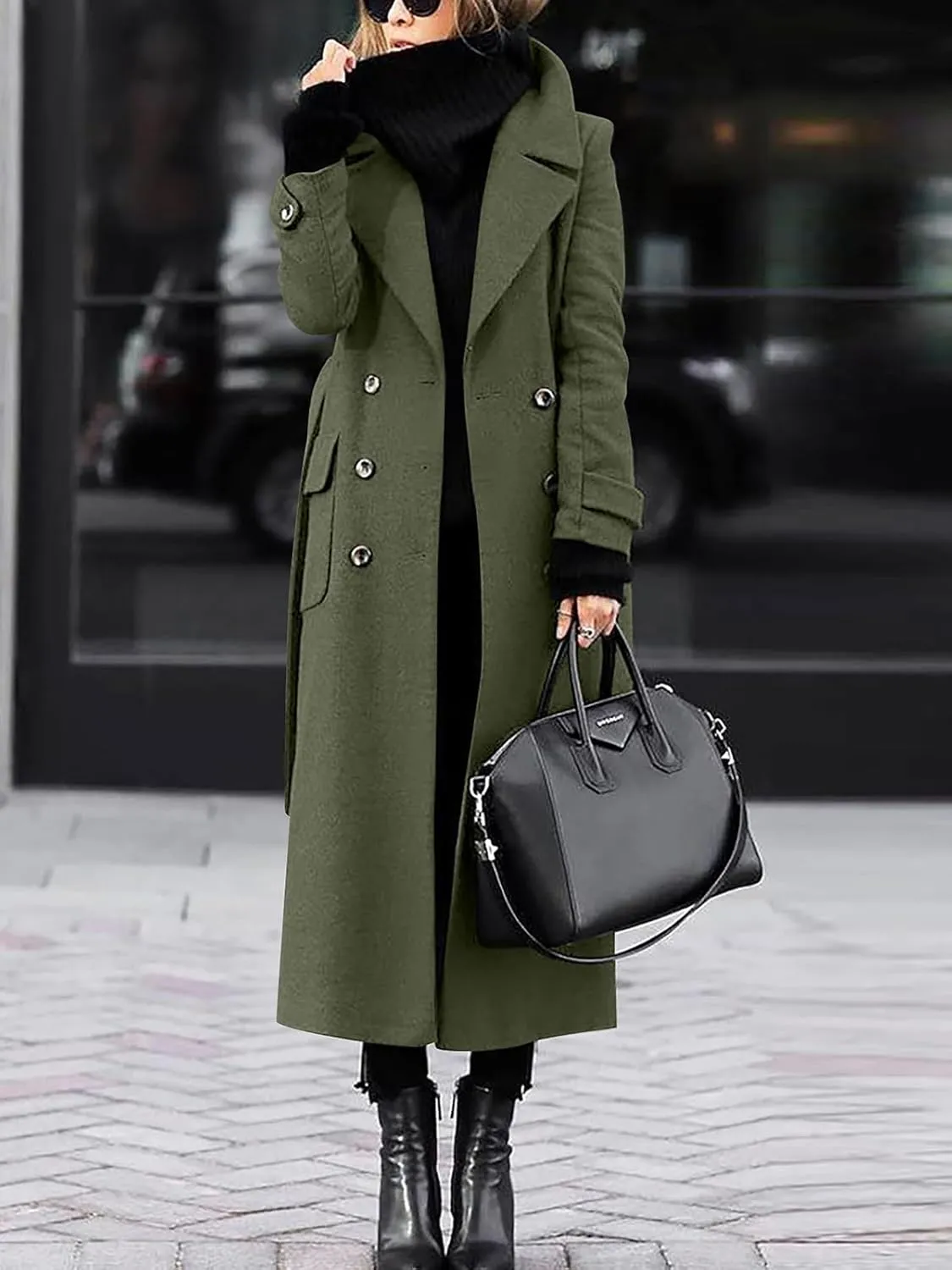 ebossy Women‘s Winter Double Breasted Wool Coat Elegant Notched Lapel Belted Maxi Long Pea Trench Coat