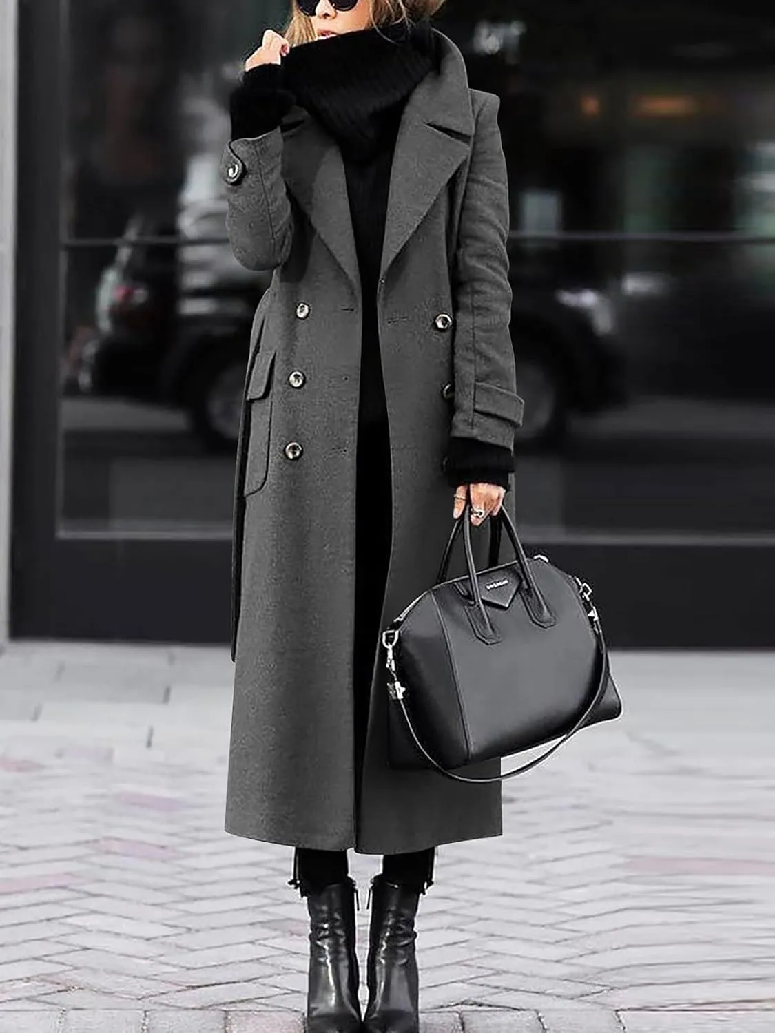 ebossy Women‘s Winter Double Breasted Wool Coat Elegant Notched Lapel Belted Maxi Long Pea Trench Coat
