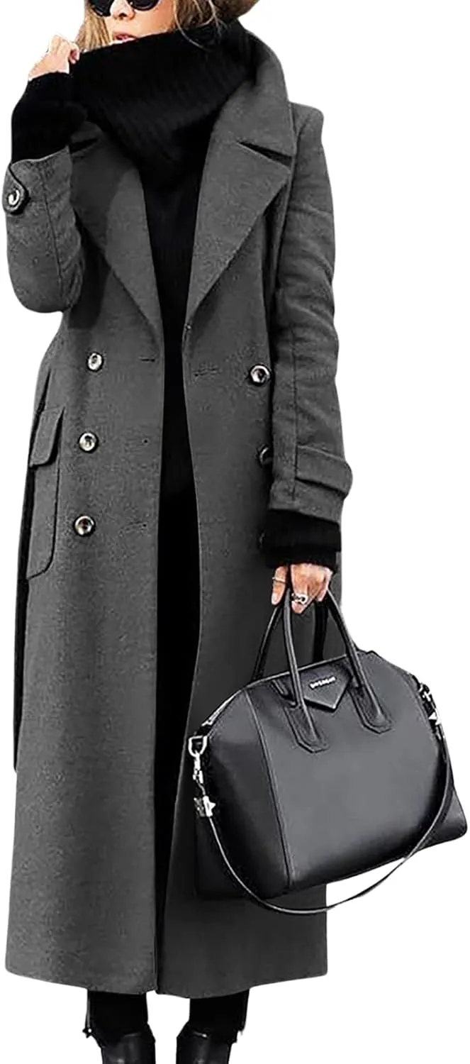 ebossy Women‘s Winter Double Breasted Wool Coat Elegant Notched Lapel Belted Maxi Long Pea Trench Coat
