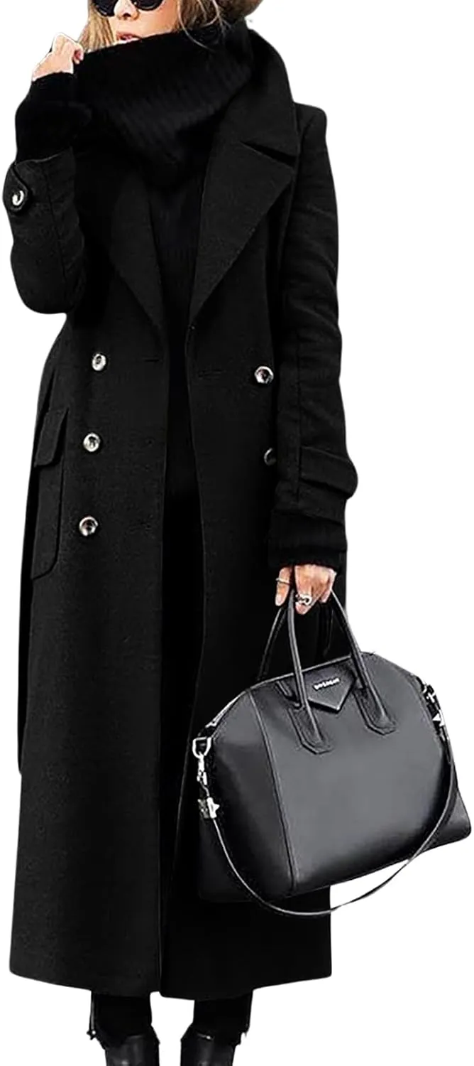 ebossy Women‘s Winter Double Breasted Wool Coat Elegant Notched Lapel Belted Maxi Long Pea Trench Coat