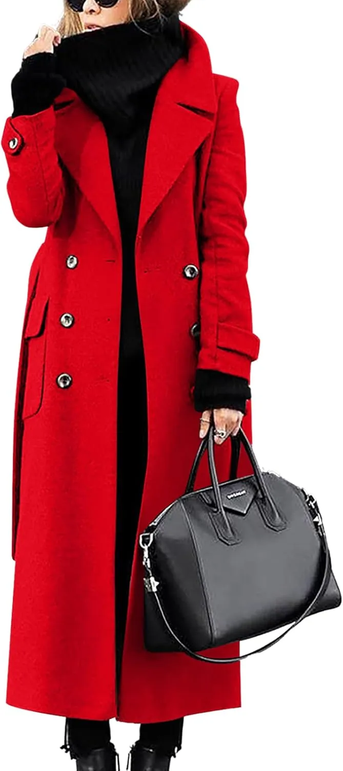 ebossy Women‘s Winter Double Breasted Wool Coat Elegant Notched Lapel Belted Maxi Long Pea Trench Coat