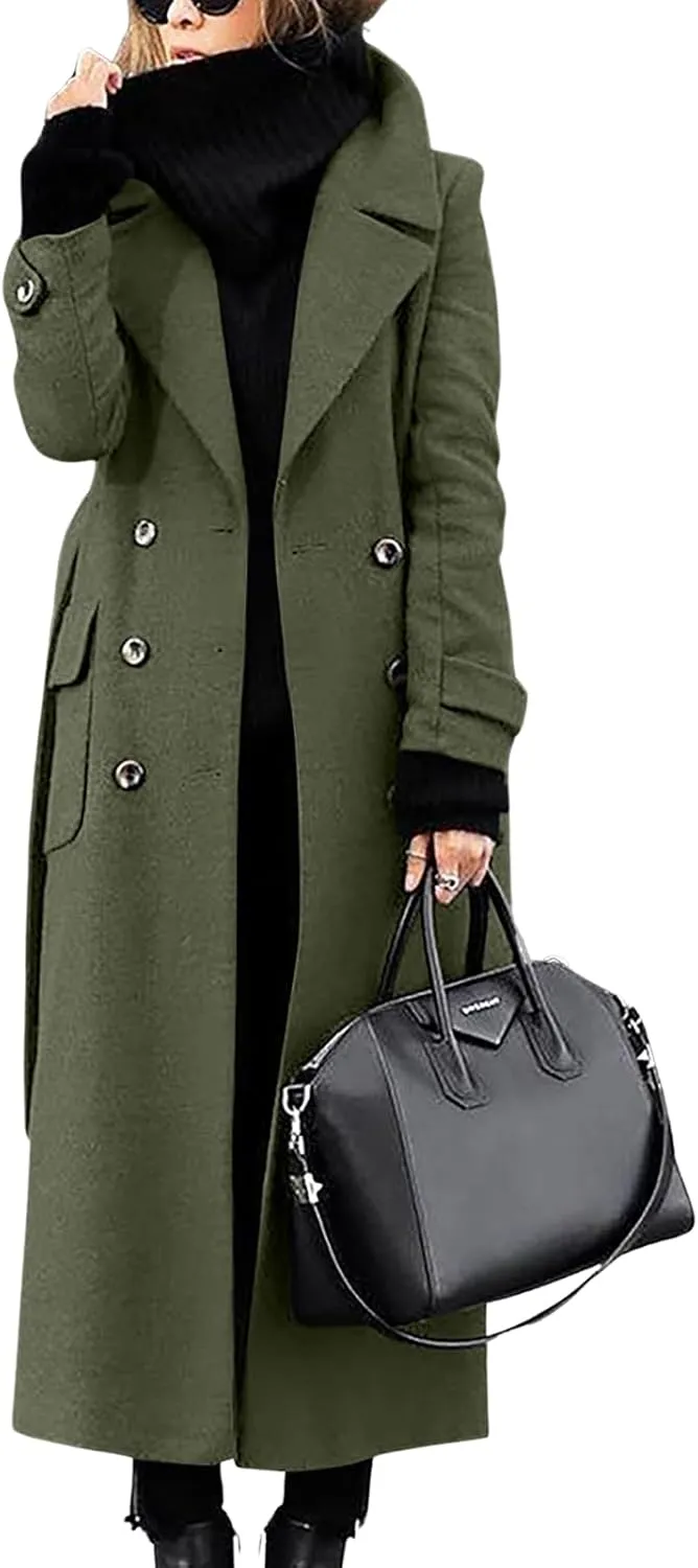 ebossy Women‘s Winter Double Breasted Wool Coat Elegant Notched Lapel Belted Maxi Long Pea Trench Coat
