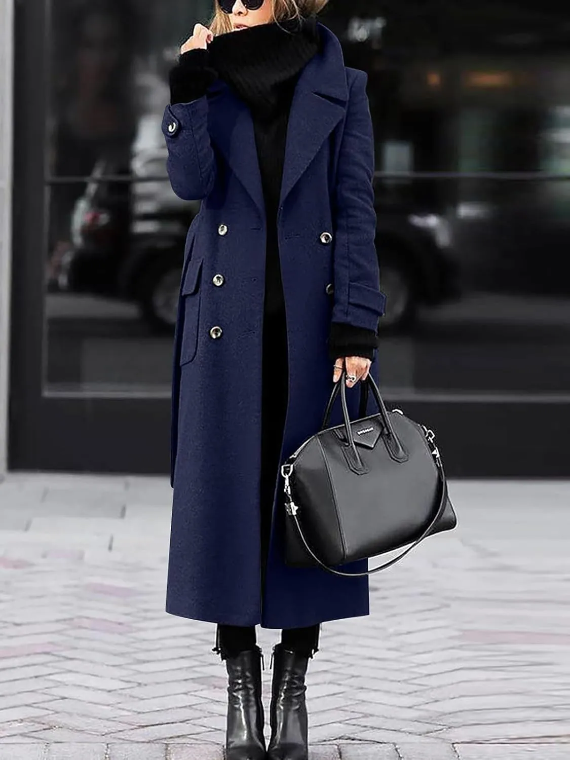 ebossy Women‘s Winter Double Breasted Wool Coat Elegant Notched Lapel Belted Maxi Long Pea Trench Coat