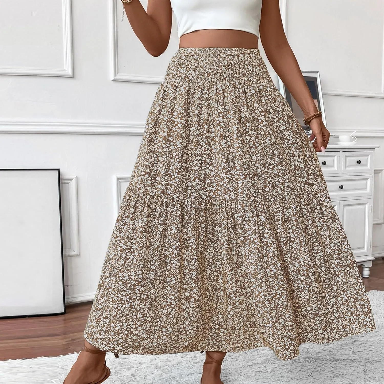 Floral Skirts for Women 2025 Boho Summer Maxi Skirts High Waisted Wrap Pleated Dresses Holiday Vacation Clothes