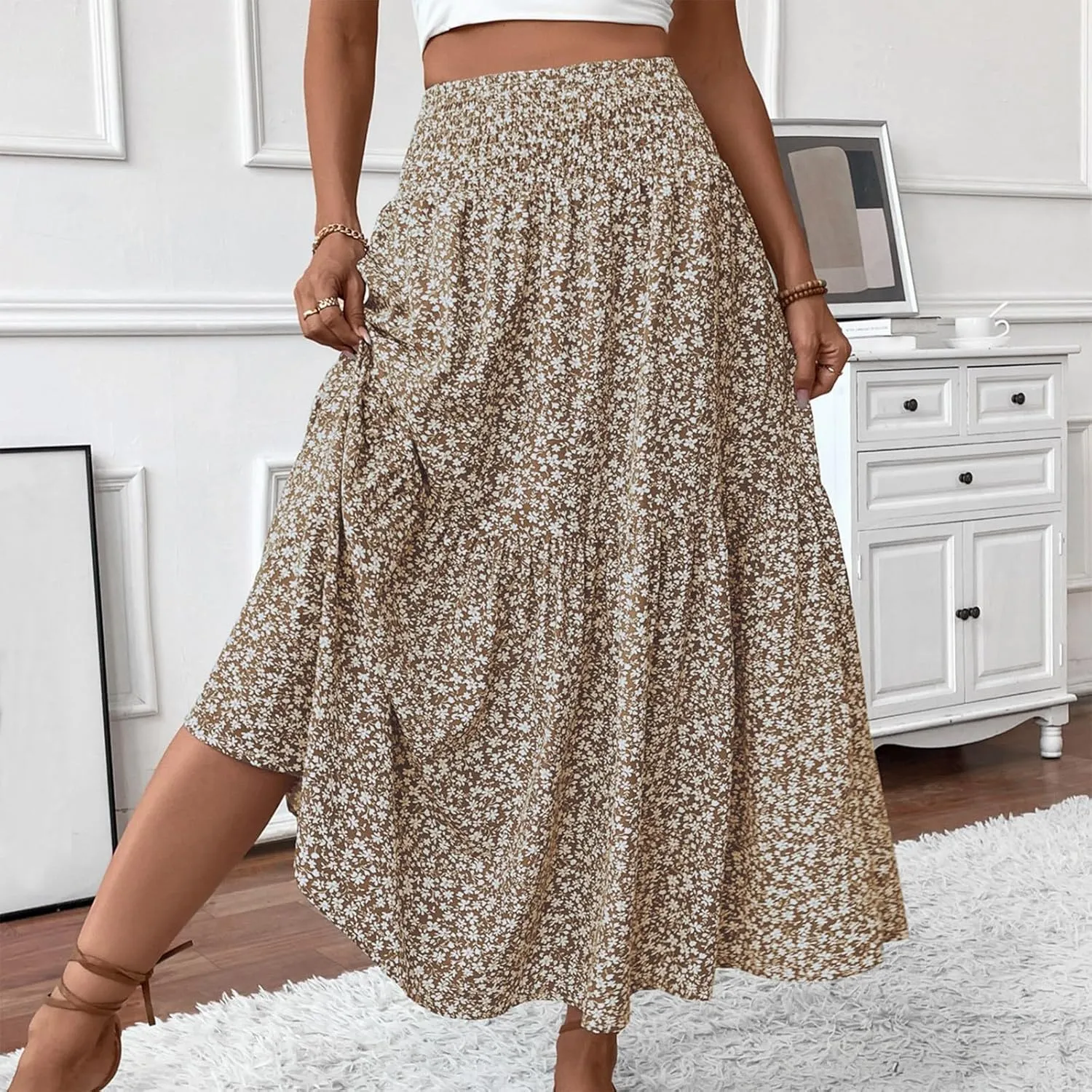 Floral Skirts for Women 2025 Boho Summer Maxi Skirts High Waisted Wrap Pleated Dresses Holiday Vacation Clothes