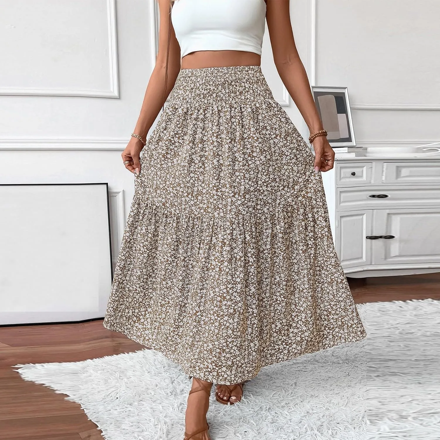 Floral Skirts for Women 2025 Boho Summer Maxi Skirts High Waisted Wrap Pleated Dresses Holiday Vacation Clothes