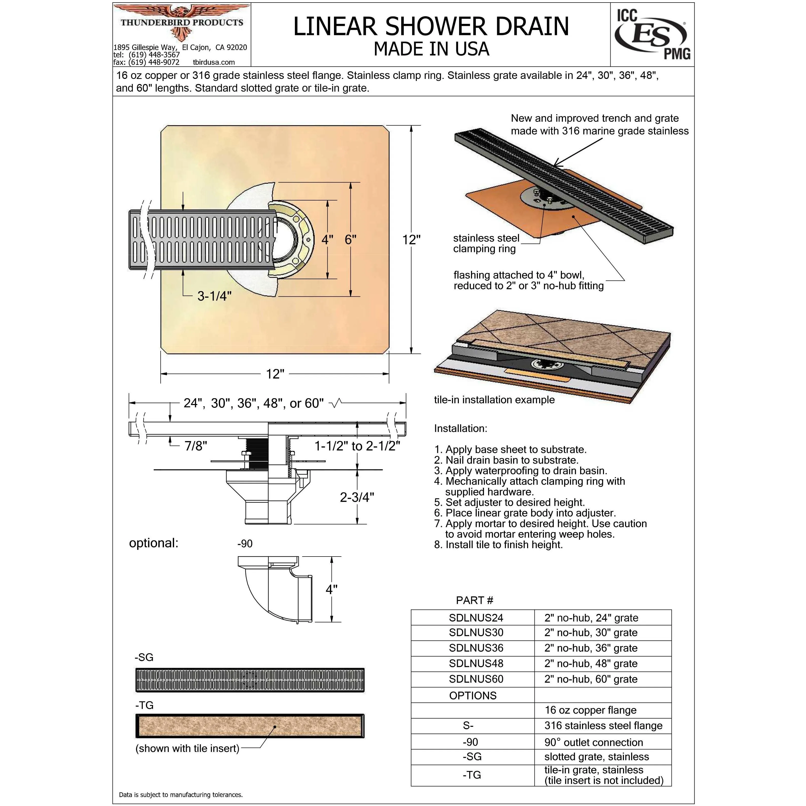 Marine Grade 316 Stainless Steel Linear Shower Drain (Trench and Grate Only)