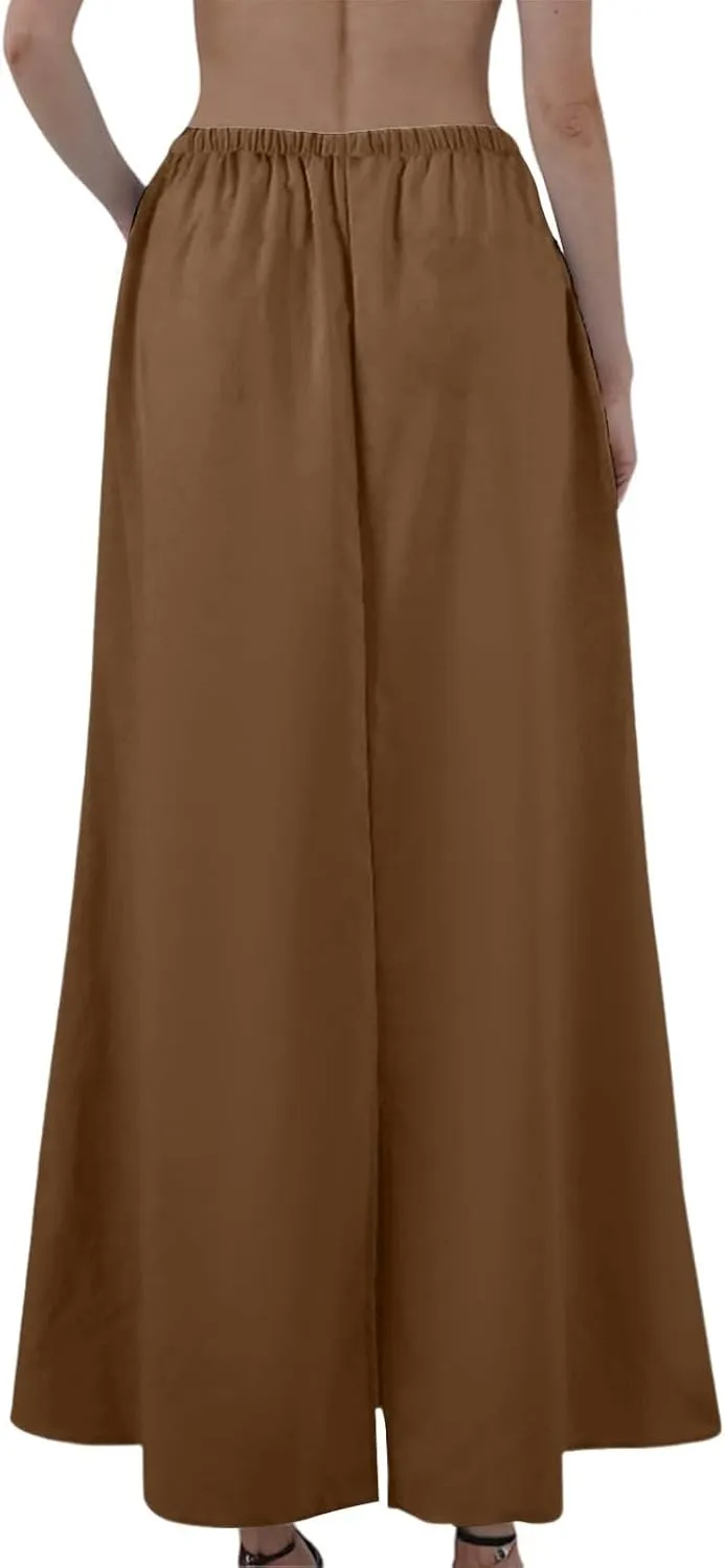 Maxi Linen Flare Skirts for Women Trendy Summer with Slit Drawstring Elastic Waist Low Rise Long Flowy A Line Skorts