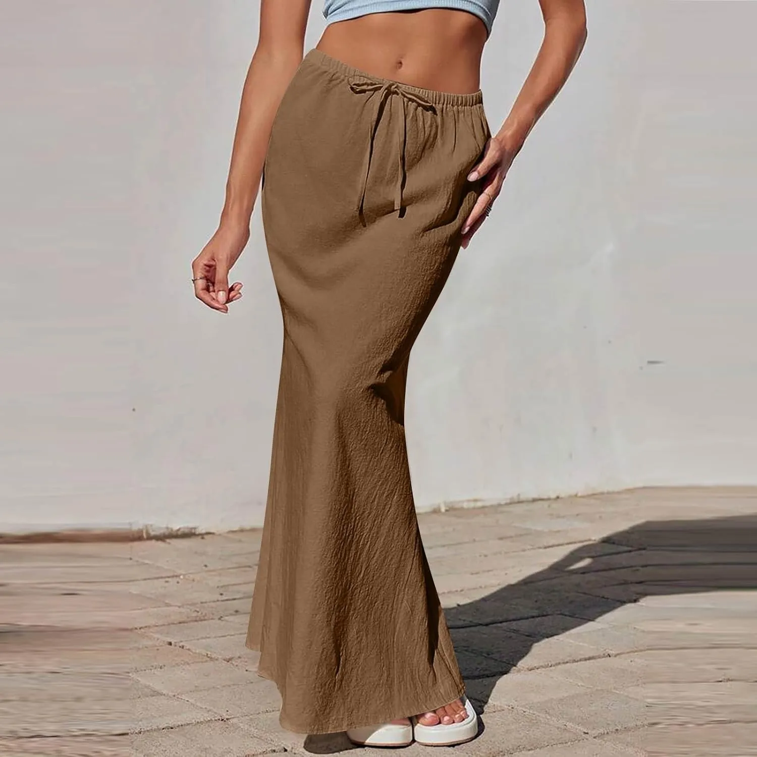 Maxi Linen Flare Skirts for Women Trendy Summer with Slit Drawstring Elastic Waist Low Rise Long Flowy A Line Skorts