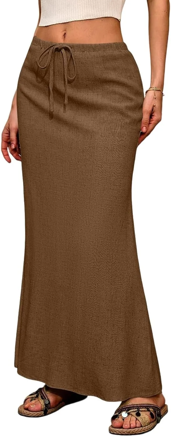 Maxi Linen Flare Skirts for Women Trendy Summer with Slit Drawstring Elastic Waist Low Rise Long Flowy A Line Skorts