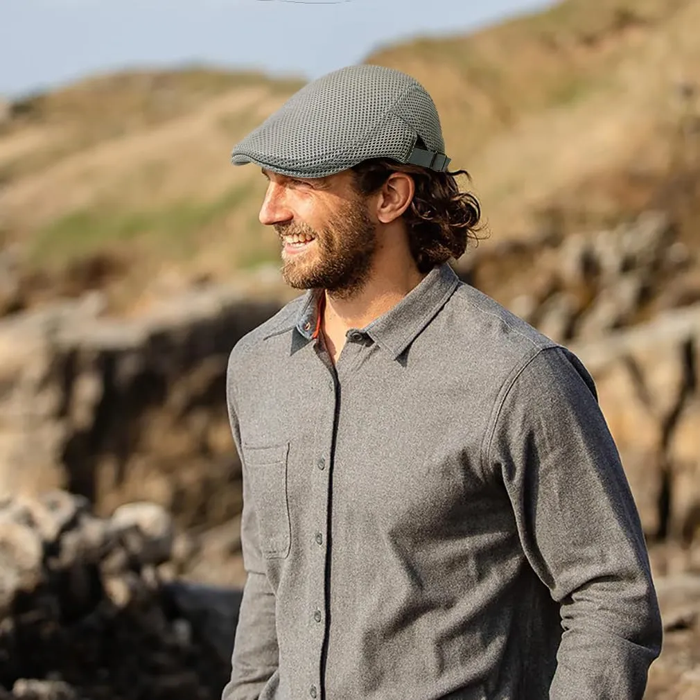 Men's Mesh Cap Breathable Summer Newsboy Hat Adjustable Beret Ivy Cap Irish Cabbie Driving Hunting Hats