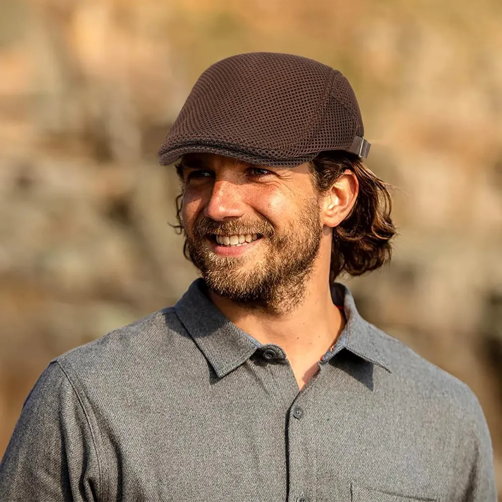 Men's Mesh Cap Breathable Summer Newsboy Hat Adjustable Beret Ivy Cap Irish Cabbie Driving Hunting Hats