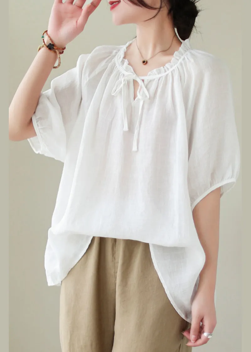 Modern White Lace Up Ruffled Linen Shirts Summer LY5308