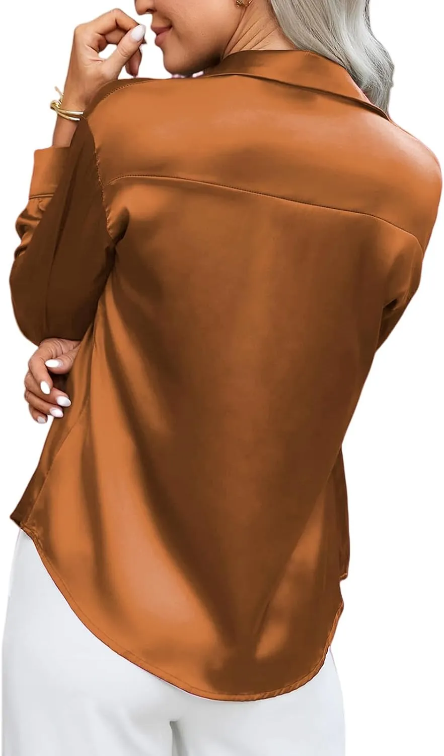 Satin Blouses for Women Dressy Silk Lapel Button Down Long Sleeve Shirts Casual Loose Solid Color Office Work Shirt