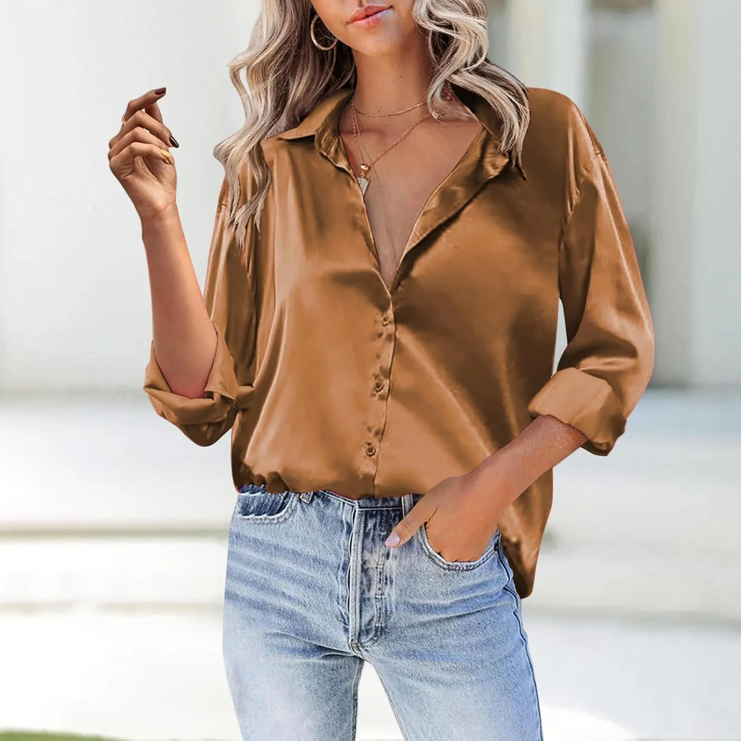Satin Blouses for Women Dressy Silk Lapel Button Down Long Sleeve Shirts Casual Loose Solid Color Office Work Shirt