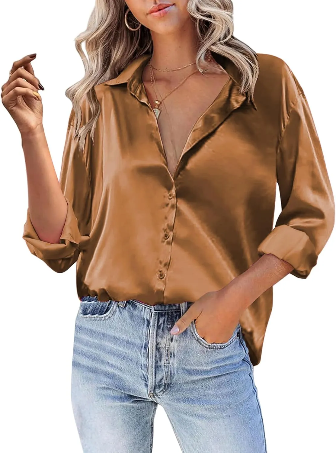 Satin Blouses for Women Dressy Silk Lapel Button Down Long Sleeve Shirts Casual Loose Solid Color Office Work Shirt