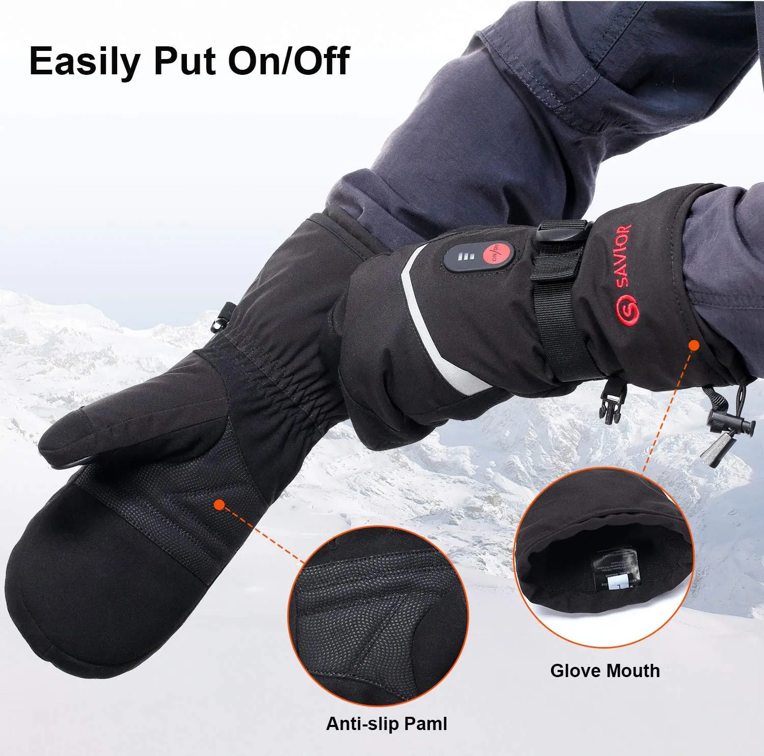 SAVIOR HEAT Heated Mittens Battery Ski Gloves, Electric Rechargeable Mitts for Skiing Camping Hiking Arthritis Hands Men Women