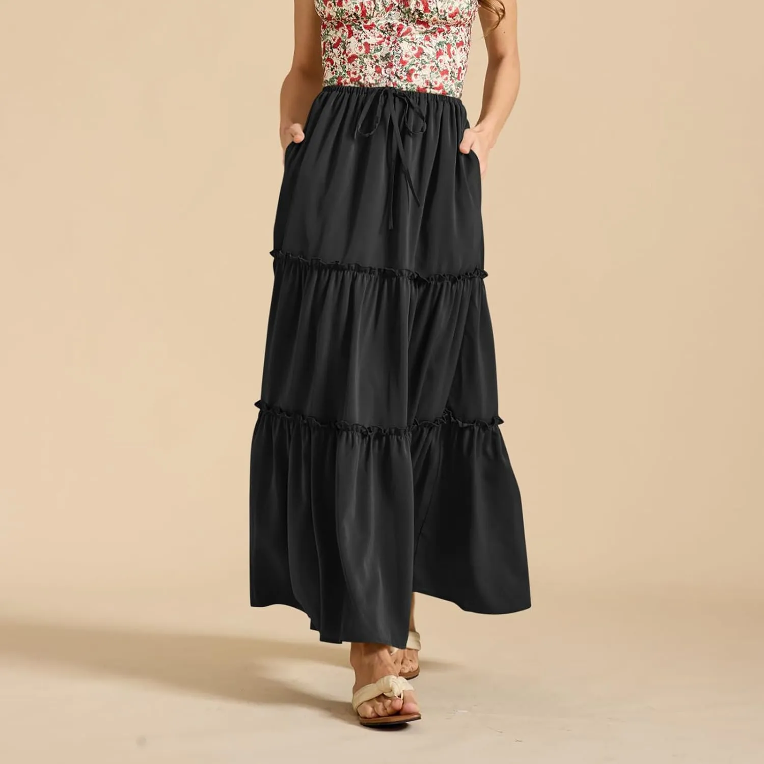 Skirts for Women Summer Beach Vacation Pleated Flowy Layered Long Skirts Trendy Dressy Casual A Line Maxi Skirt