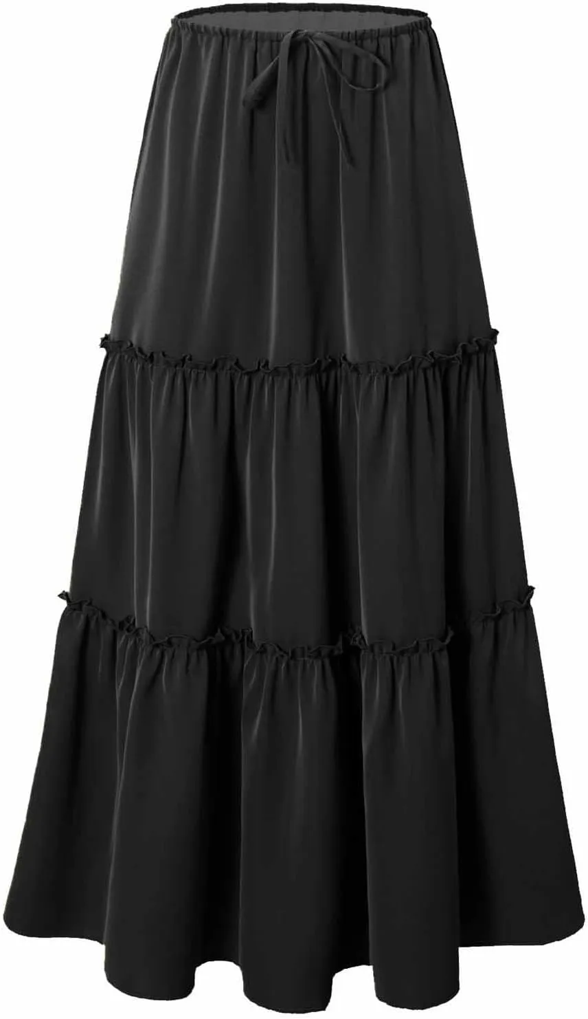 Skirts for Women Summer Beach Vacation Pleated Flowy Layered Long Skirts Trendy Dressy Casual A Line Maxi Skirt
