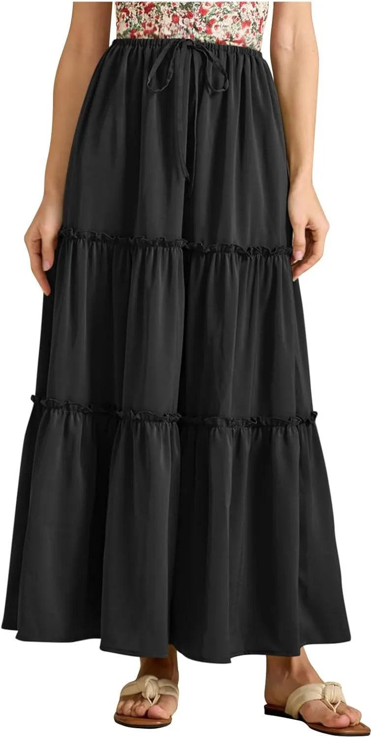 Skirts for Women Summer Beach Vacation Pleated Flowy Layered Long Skirts Trendy Dressy Casual A Line Maxi Skirt