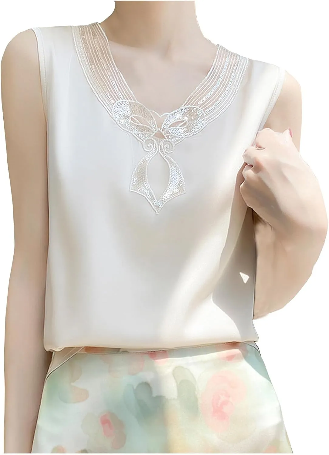 Sleeveless Lace Blouse for Women Summer Casual Round Neck Lightweight Silk Satin Tank Tops Elegant Camisole Shirt