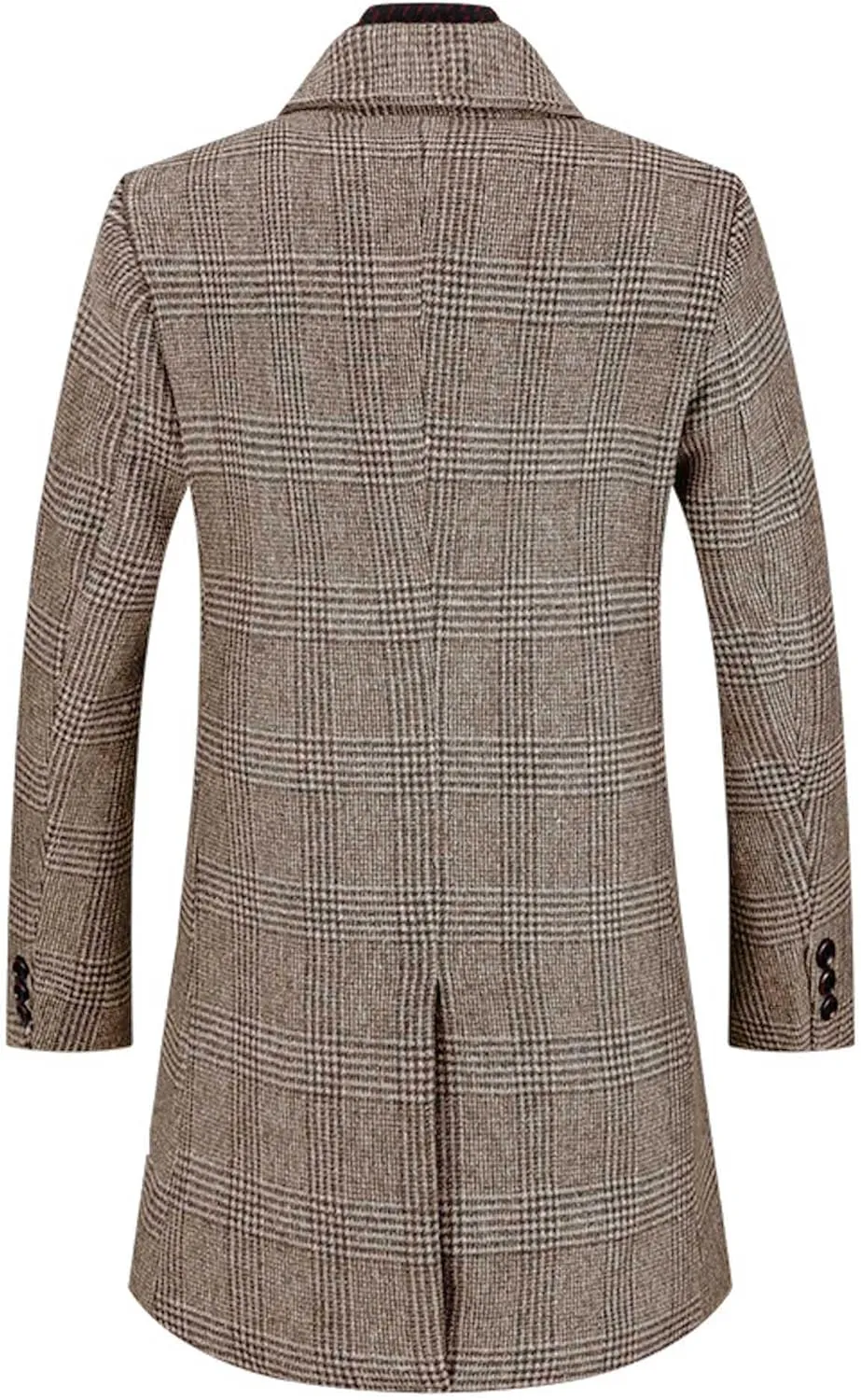 SOMTHRON Men's Wool Blend Trench Coat Plaid Slim Fit Notch Lapel Single Breasted Mid Long Peacoat Overcoat with Pockets