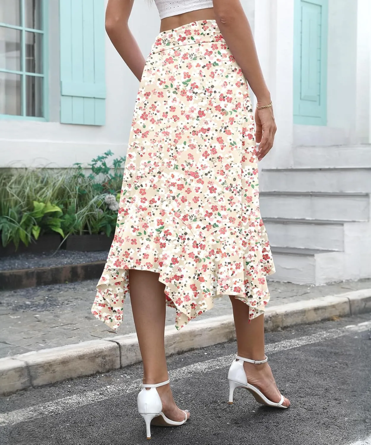 Stretchy High Waisted Midi Skirt for Women Handkerchief Hemline Soft Fit Flowy Summer Casual Skirts