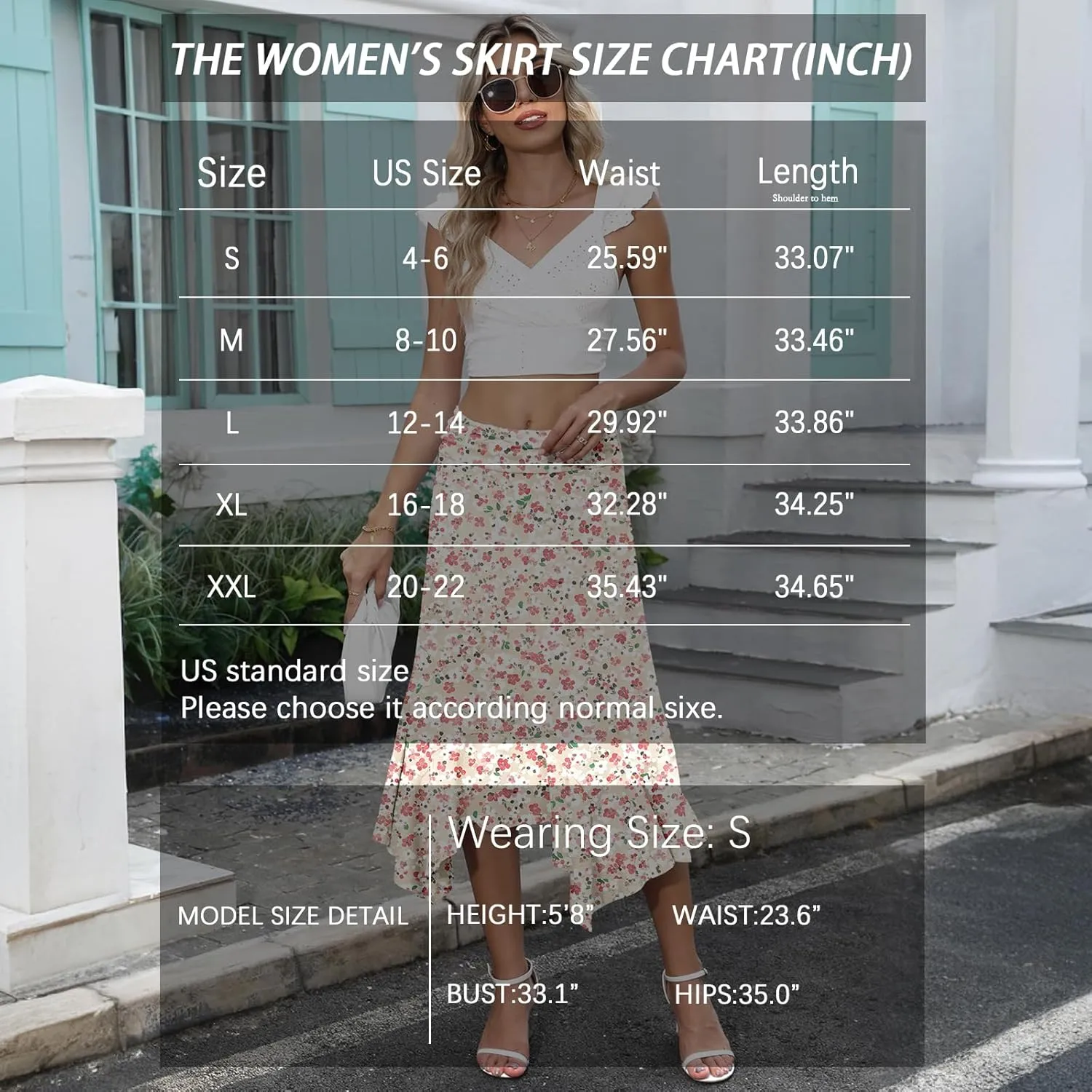 Stretchy High Waisted Midi Skirt for Women Handkerchief Hemline Soft Fit Flowy Summer Casual Skirts