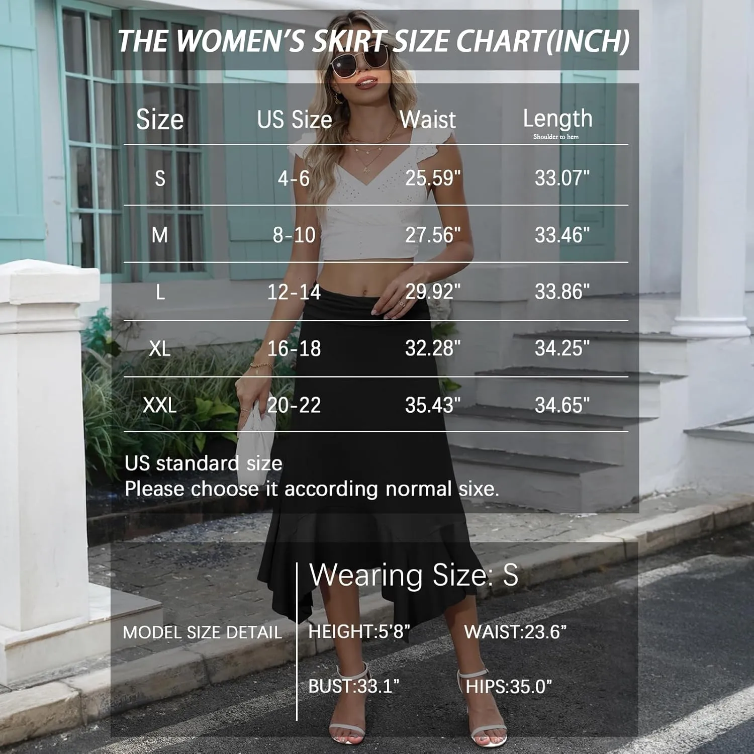 Stretchy High Waisted Midi Skirt for Women Handkerchief Hemline Soft Fit Flowy Summer Casual Skirts