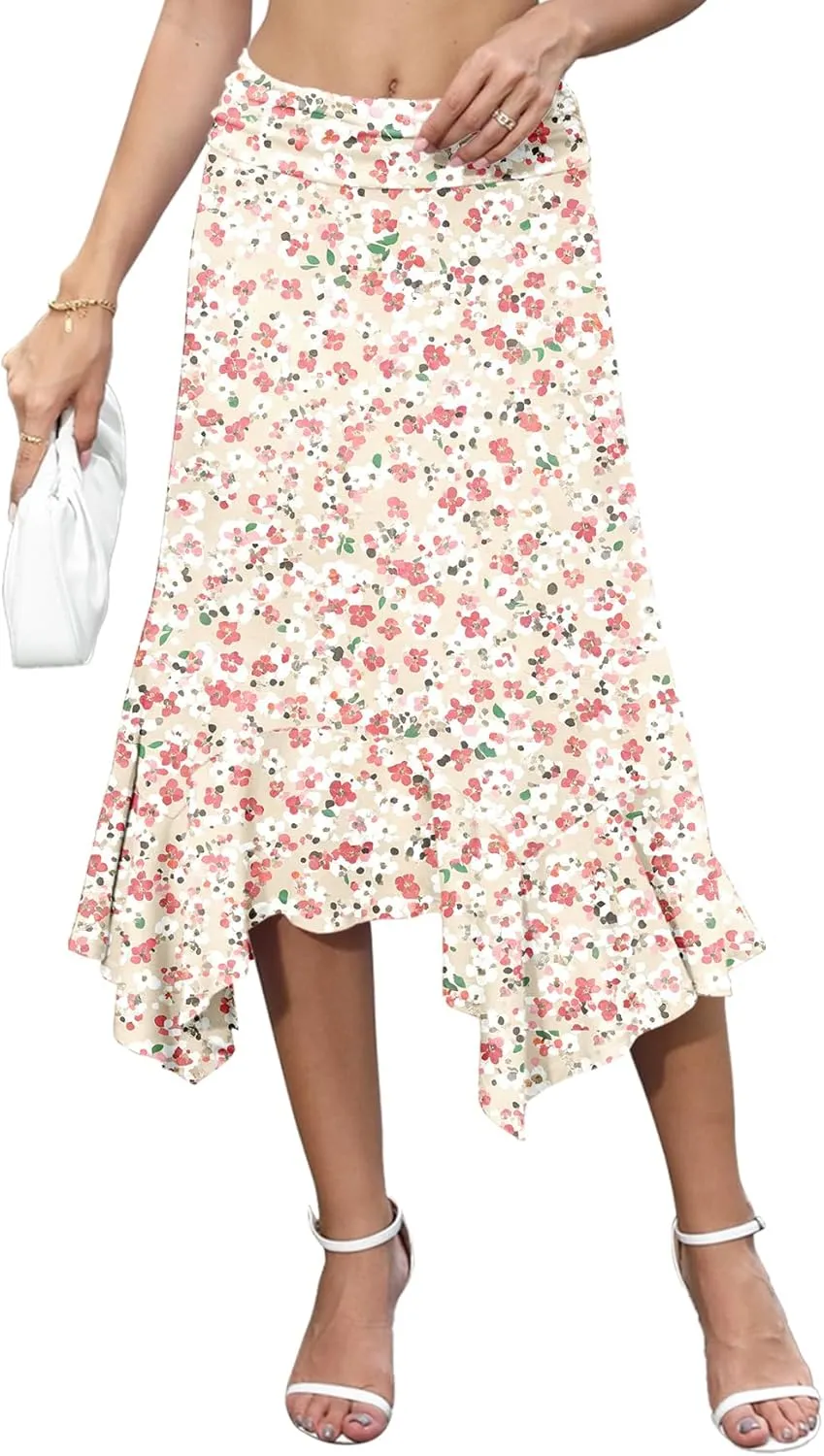 Stretchy High Waisted Midi Skirt for Women Handkerchief Hemline Soft Fit Flowy Summer Casual Skirts