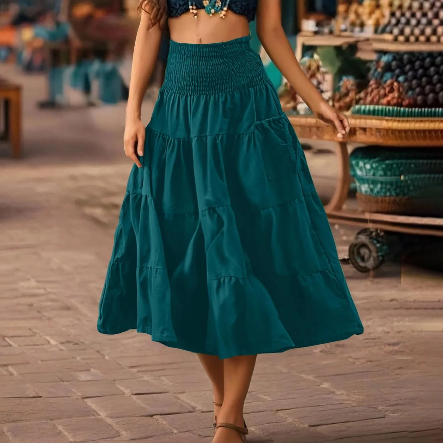 Summer Skirts for Women Cotton Beach Vacation Tiered Maxi Skirt Elastic High Waist Flowy Pleated Ruffle A Line Skirt