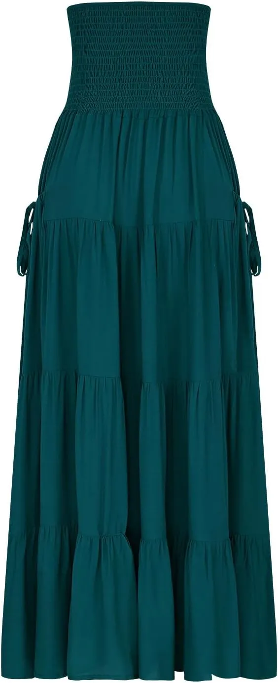 Summer Skirts for Women Cotton Beach Vacation Tiered Maxi Skirt Elastic High Waist Flowy Pleated Ruffle A Line Skirt