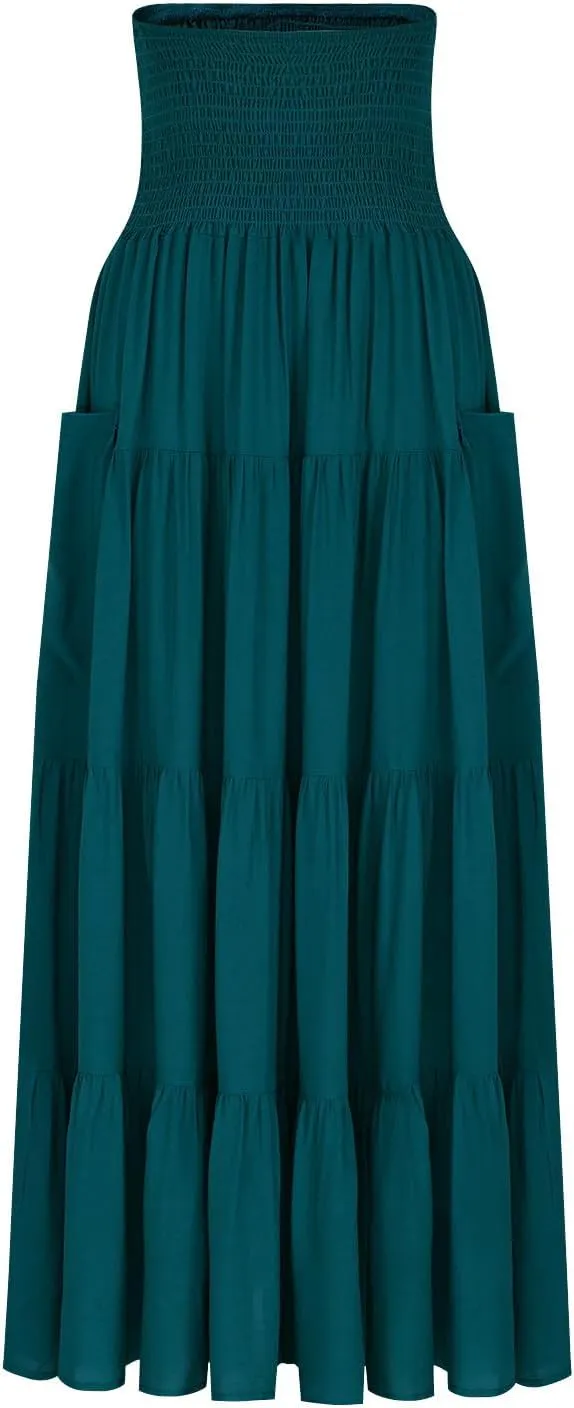 Summer Skirts for Women Cotton Beach Vacation Tiered Maxi Skirt Elastic High Waist Flowy Pleated Ruffle A Line Skirt