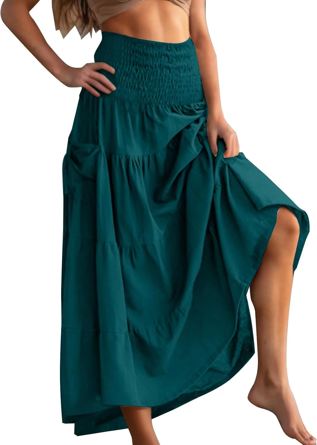 Summer Skirts for Women Cotton Beach Vacation Tiered Maxi Skirt Elastic High Waist Flowy Pleated Ruffle A Line Skirt