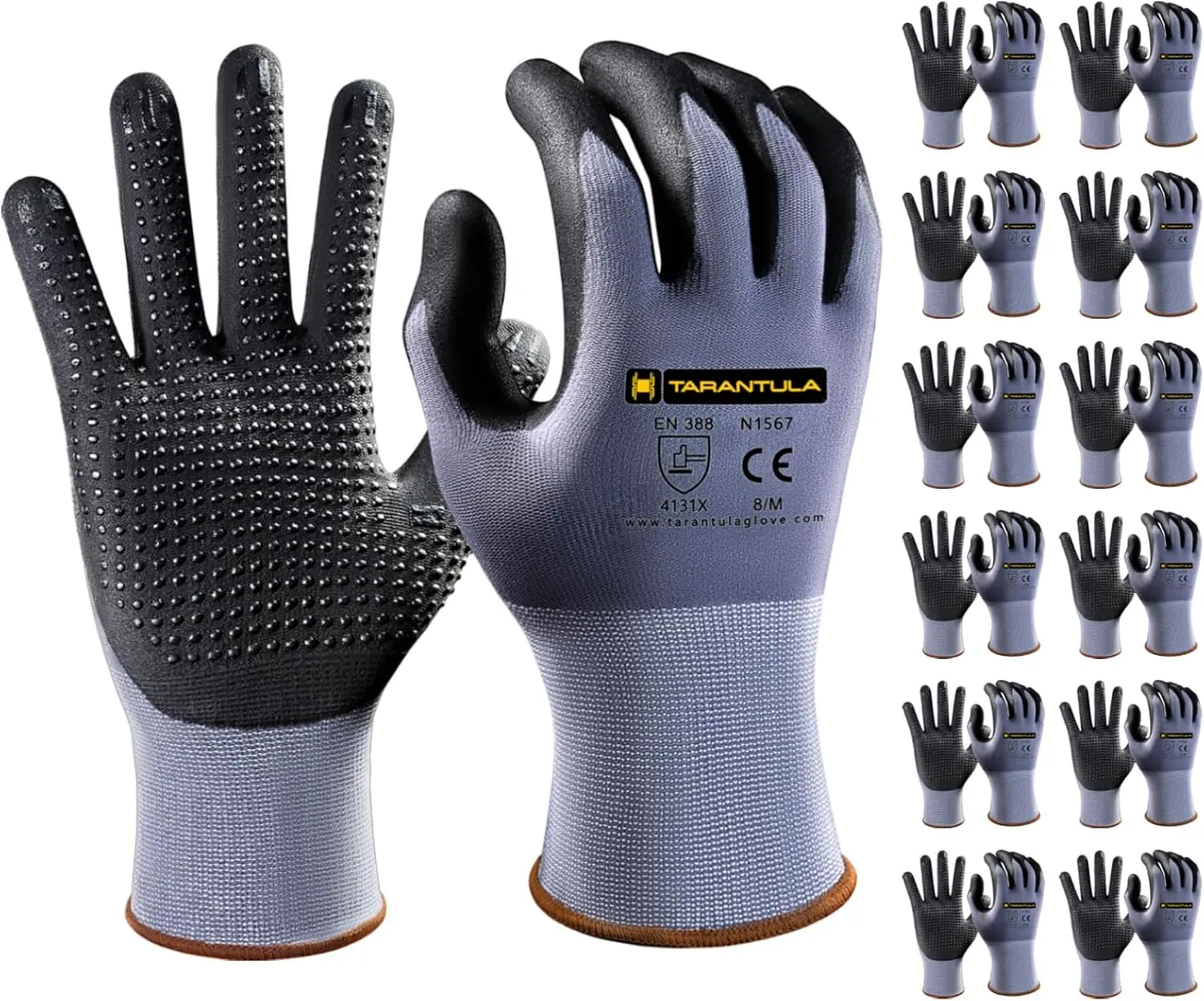 Tarantula Safety Work Gloves MicroFoam Nitrile Coated 12 Pairs,Endurance Seamless Knit Nylon,Dots on Palm,Dot Grip Gloves,X-Lagre